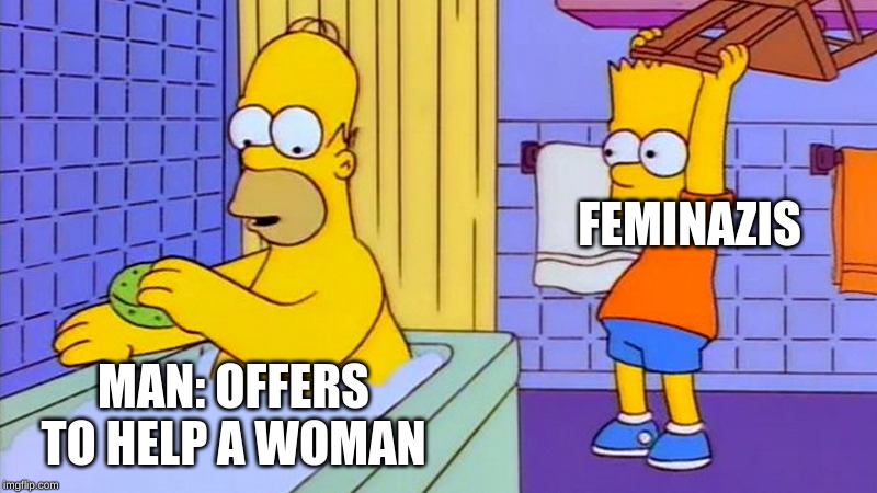 bart hitting homer with a chair | FEMINAZIS; MAN: OFFERS TO HELP A WOMAN | image tagged in bart hitting homer with a chair | made w/ Imgflip meme maker