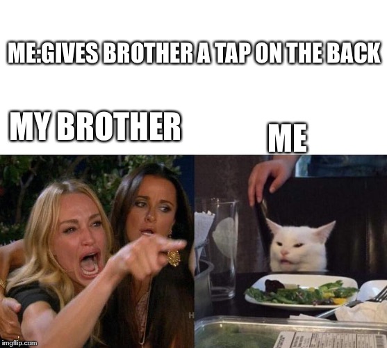 ME:GIVES BROTHER A TAP ON THE BACK; ME; MY BROTHER | image tagged in blank white template,memes,woman yelling at a cat | made w/ Imgflip meme maker