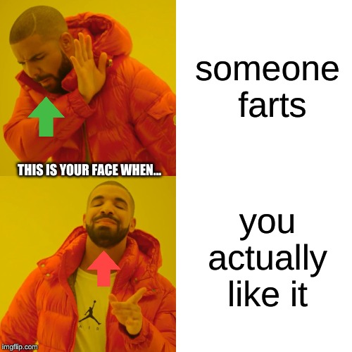 Drake Hotline Bling | someone
 farts; THIS IS YOUR FACE WHEN... you actually like it | image tagged in memes,drake hotline bling | made w/ Imgflip meme maker