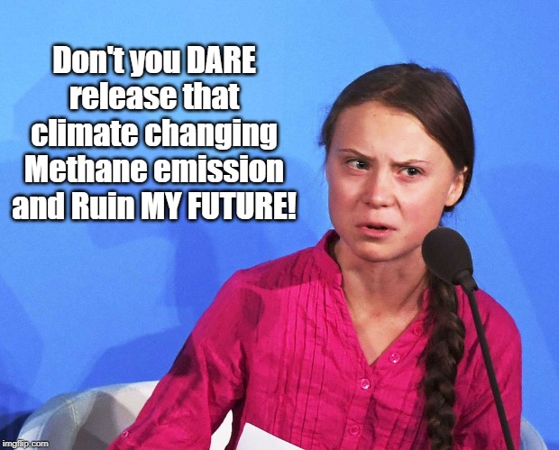 AngGreta Thunberg | Don't you DARE release that climate changing Methane emission and Ruin MY FUTURE! | image tagged in anggreta thunberg | made w/ Imgflip meme maker