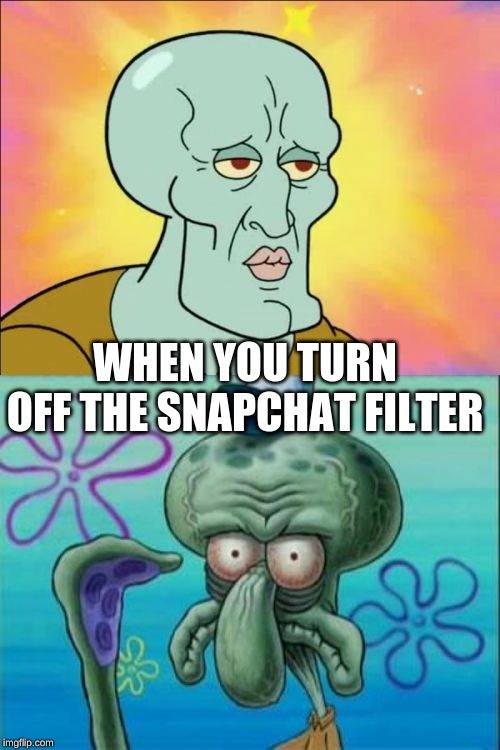 Squidward Meme | WHEN YOU TURN OFF THE SNAPCHAT FILTER | image tagged in memes,squidward | made w/ Imgflip meme maker