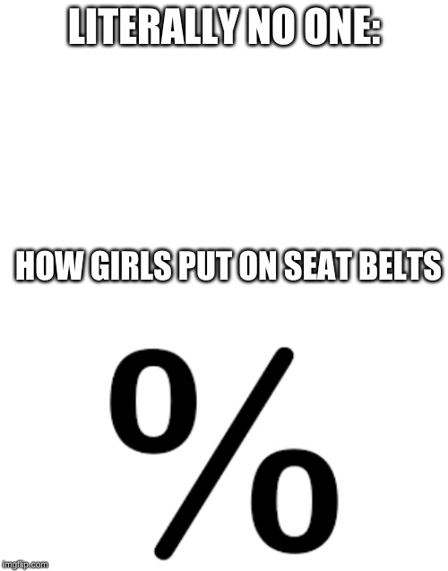 LITERALLY NO ONE:; HOW GIRLS PUT ON SEAT BELTS | image tagged in blank white template | made w/ Imgflip meme maker