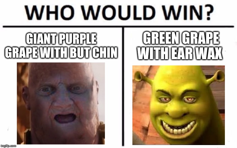 Who Would Win? Meme | GIANT PURPLE GRAPE WITH BUT CHIN; GREEN GRAPE WITH EAR WAX | image tagged in memes,who would win | made w/ Imgflip meme maker