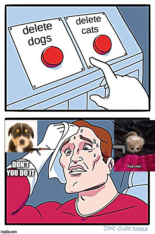 Two Buttons | delete
cats; delete
dogs; DON'T YOU DO IT | image tagged in memes,two buttons | made w/ Imgflip meme maker