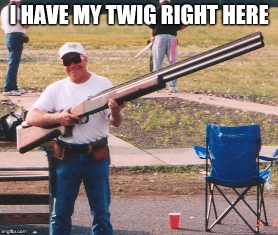 Big gun | I HAVE MY TWIG RIGHT HERE | image tagged in big gun | made w/ Imgflip meme maker