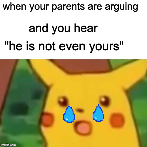 Surprised Pikachu | when your parents are arguing; and you hear; "he is not even yours" | image tagged in memes,surprised pikachu | made w/ Imgflip meme maker