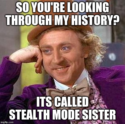 Creepy Condescending Wonka | SO YOU'RE LOOKING THROUGH MY HISTORY? ITS CALLED STEALTH MODE SISTER | image tagged in memes,creepy condescending wonka | made w/ Imgflip meme maker