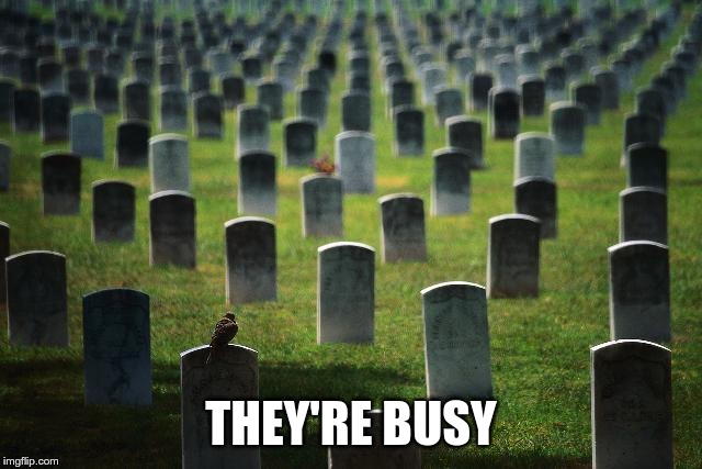 graveyard cemetary | THEY'RE BUSY | image tagged in graveyard cemetary | made w/ Imgflip meme maker