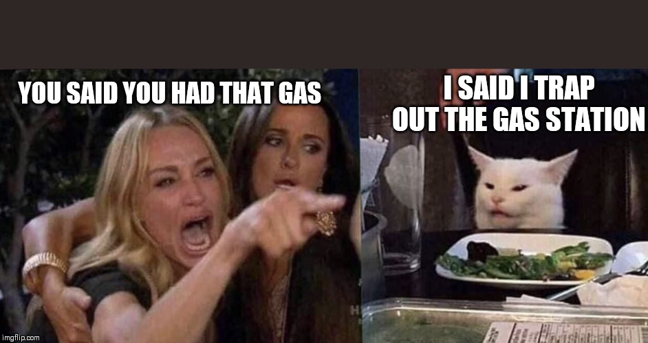woman yelling at cat | I SAID I TRAP OUT THE GAS STATION; YOU SAID YOU HAD THAT GAS | image tagged in woman yelling at cat | made w/ Imgflip meme maker