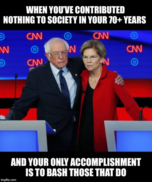 Birds of a feather | WHEN YOU’VE CONTRIBUTED NOTHING TO SOCIETY IN YOUR 70+ YEARS; AND YOUR ONLY ACCOMPLISHMENT IS TO BASH THOSE THAT DO | image tagged in bernie sanders,elizabeth warren,socialism | made w/ Imgflip meme maker