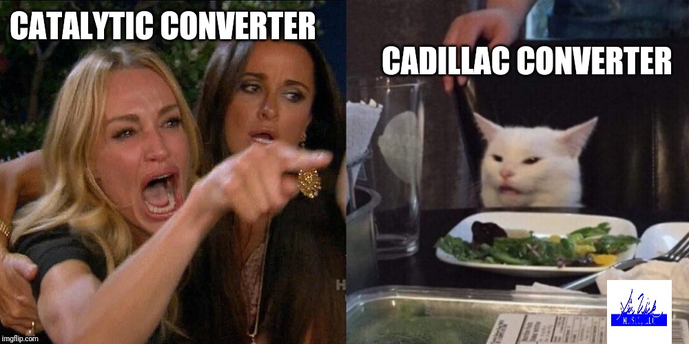 Woman yelling at cat | CADILLAC CONVERTER; CATALYTIC CONVERTER | image tagged in woman yelling at cat | made w/ Imgflip meme maker