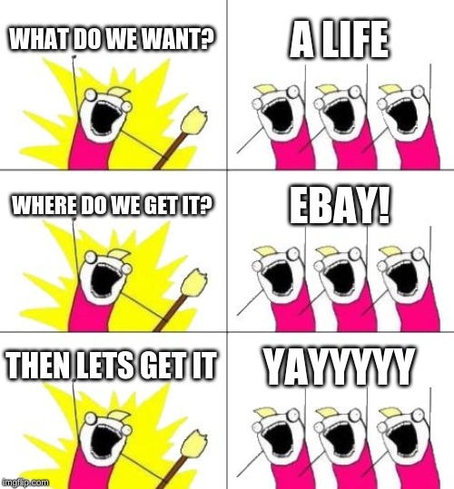 What Do We Want 3 | WHAT DO WE WANT? A LIFE; WHERE DO WE GET IT? EBAY! THEN LETS GET IT; YAYYYYY | image tagged in memes,what do we want 3 | made w/ Imgflip meme maker