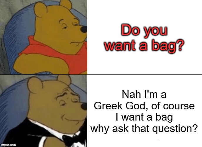 Tuxedo Winnie The Pooh Meme | Do you want a bag? Nah I'm a Greek God, of course I want a bag why ask that question? | image tagged in memes,tuxedo winnie the pooh | made w/ Imgflip meme maker