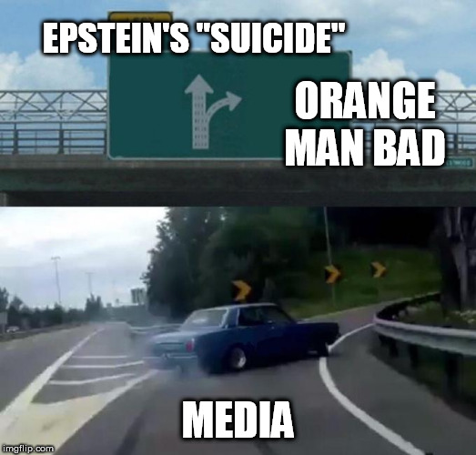 Swerving Car | EPSTEIN'S "SUICIDE"; ORANGE MAN BAD; MEDIA | image tagged in swerving car | made w/ Imgflip meme maker