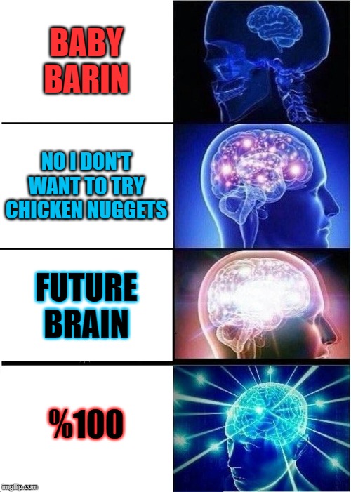 Expanding Brain | BABY BARIN; NO I DON'T WANT TO TRY CHICKEN NUGGETS; FUTURE
BRAIN; %100 | image tagged in memes,expanding brain | made w/ Imgflip meme maker