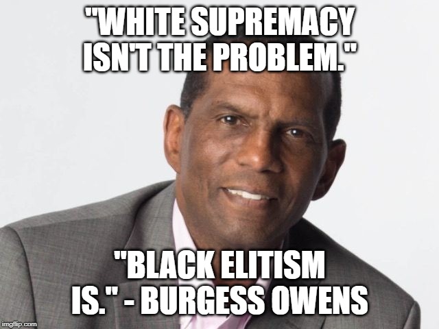 I admire this man. He sees things as they are. | "WHITE SUPREMACY ISN'T THE PROBLEM."; "BLACK ELITISM IS." - BURGESS OWENS | image tagged in burgess owens,conservatism works,good man,memes,politics | made w/ Imgflip meme maker