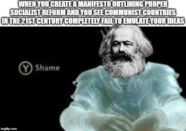 Y (Shame) | WHEN YOU CREATE A MANIFESTO OUTLINING PROPER SOCIALIST REFORM AND YOU SEE COMMUNIST COUNTRIES IN THE 21ST CENTURY COMPLETELY FAIL TO EMULATE YOUR IDEAS | image tagged in y shame | made w/ Imgflip meme maker
