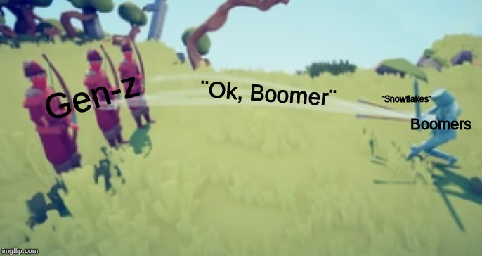 And the Gen-Z/Boomer War continues... | ¨Ok, Boomer¨; Gen-z; ¨Snowflakes¨; Boomers | image tagged in okay,boomer,gaming | made w/ Imgflip meme maker