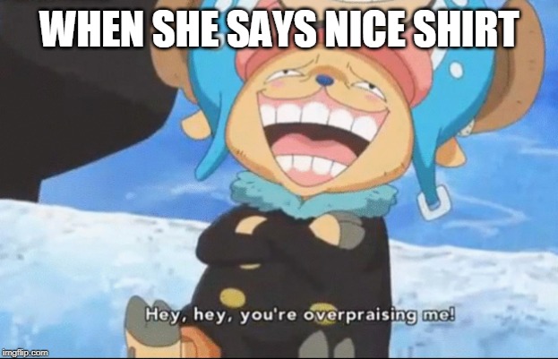 One Piece Franky Chopper Overpraising | WHEN SHE SAYS NICE SHIRT | image tagged in one piece franky chopper overpraising | made w/ Imgflip meme maker