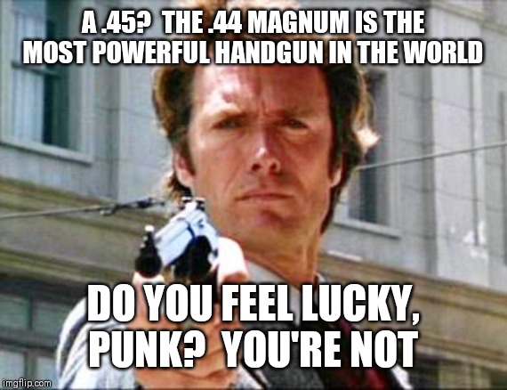 Dirty harry | A .45?  THE .44 MAGNUM IS THE MOST POWERFUL HANDGUN IN THE WORLD; DO YOU FEEL LUCKY, PUNK?  YOU'RE NOT | image tagged in dirty harry | made w/ Imgflip meme maker