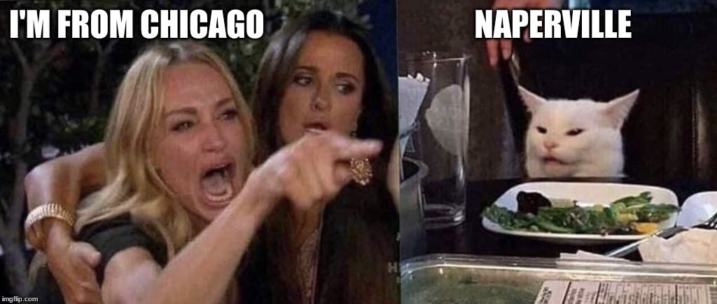 woman yelling at cat | I'M FROM CHICAGO                                  NAPERVILLE | image tagged in woman yelling at cat | made w/ Imgflip meme maker