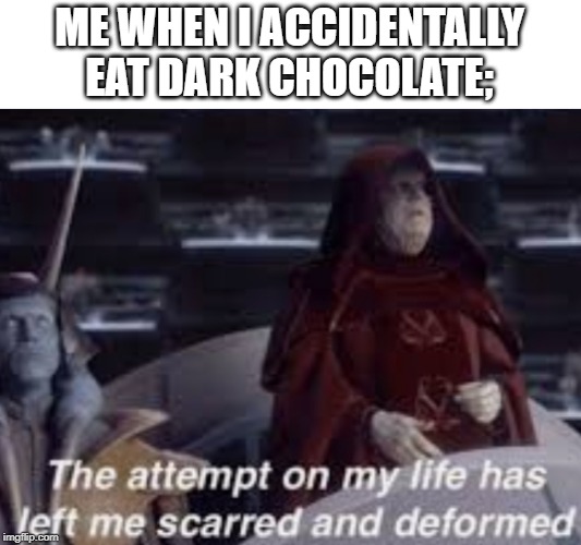 The attempt on my life has left me scarred and deformed | ME WHEN I ACCIDENTALLY EAT DARK CHOCOLATE; | image tagged in the attempt on my life has left me scarred and deformed | made w/ Imgflip meme maker