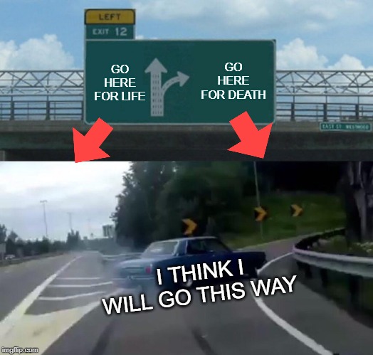 Left Exit 12 Off Ramp Meme | GO HERE FOR LIFE; GO HERE FOR DEATH; I THINK I WILL GO THIS WAY | image tagged in memes,left exit 12 off ramp | made w/ Imgflip meme maker