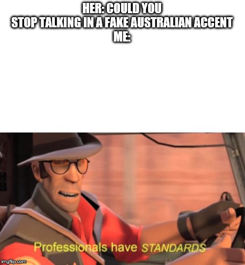 Professionals have standards | HER: COULD YOU STOP TALKING IN A FAKE AUSTRALIAN ACCENT
ME: | image tagged in professionals have standards | made w/ Imgflip meme maker