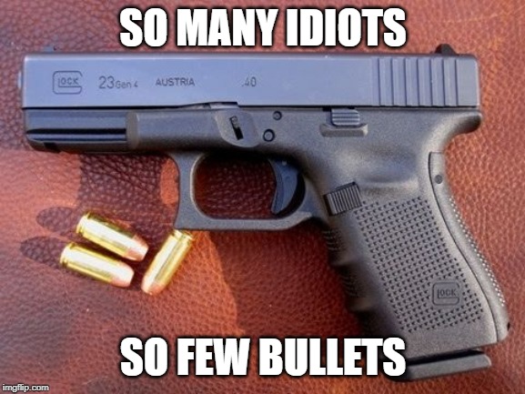 What a Glock 23 Gen 4 is useful for. | SO MANY IDIOTS; SO FEW BULLETS | image tagged in glock,glock 23 gen4,idiots,bullets | made w/ Imgflip meme maker
