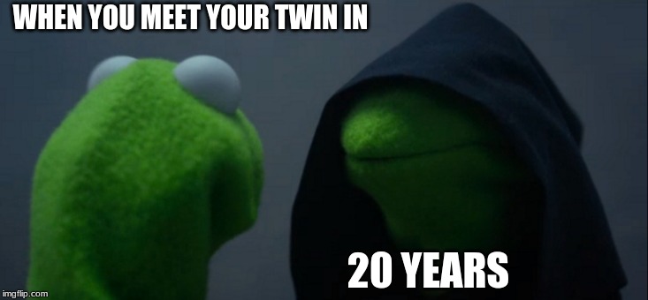 Evil Kermit | WHEN YOU MEET YOUR TWIN IN; 20 YEARS | image tagged in memes,evil kermit | made w/ Imgflip meme maker
