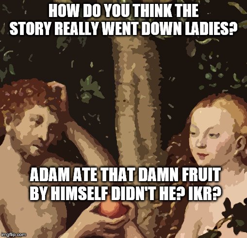 Adam and Eve | HOW DO YOU THINK THE STORY REALLY WENT DOWN LADIES? ADAM ATE THAT DAMN FRUIT BY HIMSELF DIDN'T HE? IKR? | image tagged in adam and eve | made w/ Imgflip meme maker