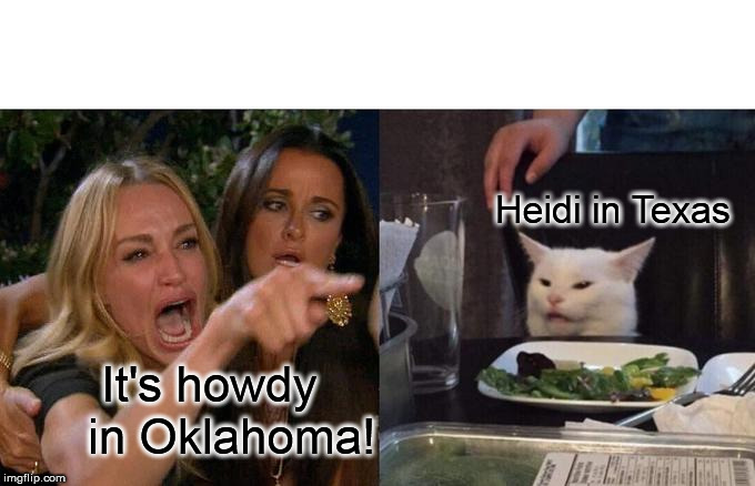 Woman Yelling At Cat Meme | Heidi in Texas; It's howdy in Oklahoma! | image tagged in memes,woman yelling at cat | made w/ Imgflip meme maker