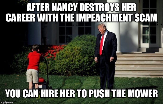 Trump Lawn Mower | AFTER NANCY DESTROYS HER CAREER WITH THE IMPEACHMENT SCAM; YOU CAN HIRE HER TO PUSH THE MOWER | image tagged in trump lawn mower | made w/ Imgflip meme maker