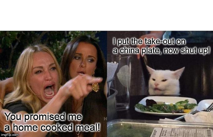 Woman Yelling At Cat | I put the take-out on a china plate, now shut up! You promised me a home cooked meal! | image tagged in memes,woman yelling at cat | made w/ Imgflip meme maker