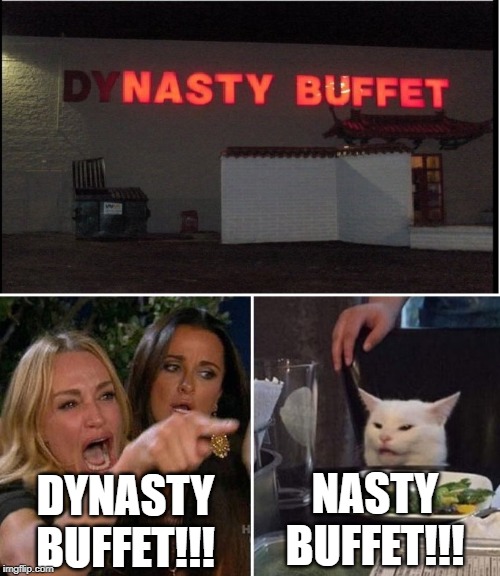NASTY BUFFET!!! DYNASTY BUFFET!!! | image tagged in woman yelling at cat | made w/ Imgflip meme maker