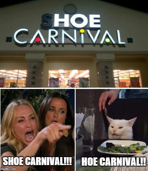 Shoe carnival vs hoe carnival | HOE CARNIVAL!! SHOE CARNIVAL!!! | image tagged in woman yelling at cat | made w/ Imgflip meme maker