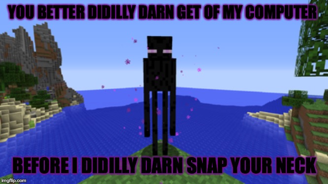 YOU BETTER DIDILLY DARN GET OF MY COMPUTER; BEFORE I DIDILLY DARN SNAP YOUR NECK | image tagged in minecraft,enderman | made w/ Imgflip meme maker