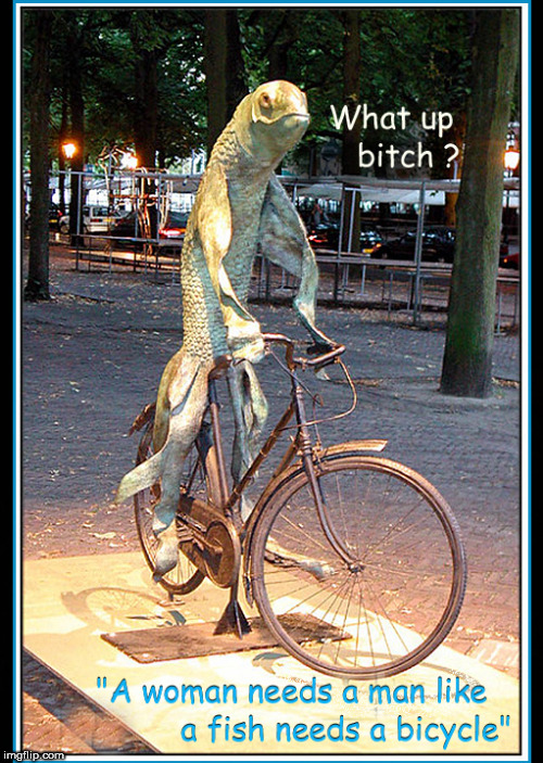 what  up b1tch? | image tagged in feminism,lol,funny,fish on a bicycle,lol so funny | made w/ Imgflip meme maker