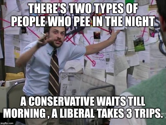 Charlie Conspiracy (Always Sunny in Philidelphia) | THERE'S TWO TYPES OF PEOPLE WHO PEE IN THE NIGHT; A CONSERVATIVE WAITS TILL MORNING , A LIBERAL TAKES 3 TRIPS. | image tagged in charlie conspiracy always sunny in philidelphia | made w/ Imgflip meme maker