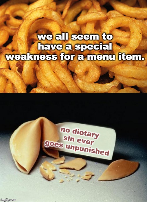 maybe it's the quantity ,time of day,sugar salt or fat .name and own it. | we all seem to have a special weakness for a menu item. no dietary sin ever goes unpunished | image tagged in eating healthy,junk food,frosty n fries,meme nov,thanksgiving day | made w/ Imgflip meme maker