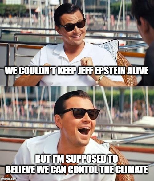 Leonardo Dicaprio Wolf Of Wall Street |  WE COULDN'T KEEP JEFF EPSTEIN ALIVE; BUT I'M SUPPOSED TO BELIEVE WE CAN CONTOL THE CLIMATE | image tagged in memes,leonardo dicaprio wolf of wall street | made w/ Imgflip meme maker