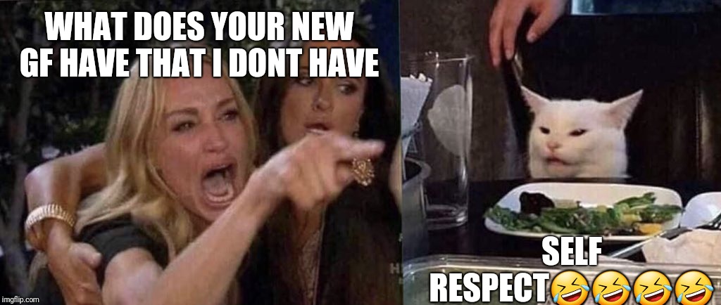 woman yelling at cat | WHAT DOES YOUR NEW GF HAVE THAT I DONT HAVE; SELF RESPECT🤣🤣🤣🤣 | image tagged in woman yelling at cat | made w/ Imgflip meme maker