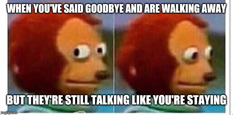 Awkward muppet | WHEN YOU'VE SAID GOODBYE AND ARE WALKING AWAY; BUT THEY'RE STILL TALKING LIKE YOU'RE STAYING | image tagged in awkward muppet | made w/ Imgflip meme maker