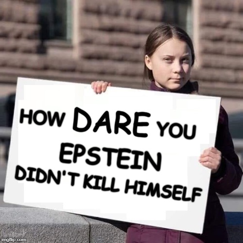DIDN'T KILL HIMSELF; EPSTEIN | image tagged in jeffrey epstein,how dare you,greta thunberg,conspiracy,corruption | made w/ Imgflip meme maker