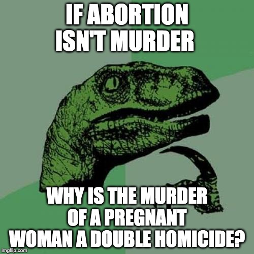 Just a question for supporters of baby-murder | IF ABORTION ISN'T MURDER; WHY IS THE MURDER OF A PREGNANT WOMAN A DOUBLE HOMICIDE? | image tagged in memes,philosoraptor,funny,politics | made w/ Imgflip meme maker