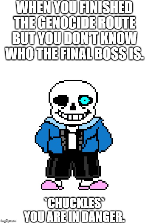 Blank White Template | WHEN YOU FINISHED THE GENOCIDE ROUTE BUT YOU DON'T KNOW WHO THE FINAL BOSS IS. *CHUCKLES* YOU ARE IN DANGER. | image tagged in you're gonna have a bad time,bad time,sans undertale | made w/ Imgflip meme maker