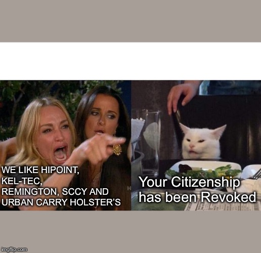 Woman Yelling At Cat Meme | WE LIKE HIPOINT, KEL-TEC, REMINGTON, SCCY AND URBAN CARRY HOLSTER’S; Your Citizenship has been Revoked | image tagged in memes,woman yelling at cat | made w/ Imgflip meme maker
