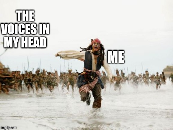 Jack Sparrow Being Chased | THE VOICES IN MY HEAD; ME | image tagged in memes,jack sparrow being chased | made w/ Imgflip meme maker