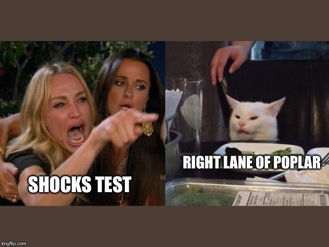 Woman yelling at cat | RIGHT LANE OF POPLAR; SHOCKS TEST | image tagged in woman yelling at cat | made w/ Imgflip meme maker