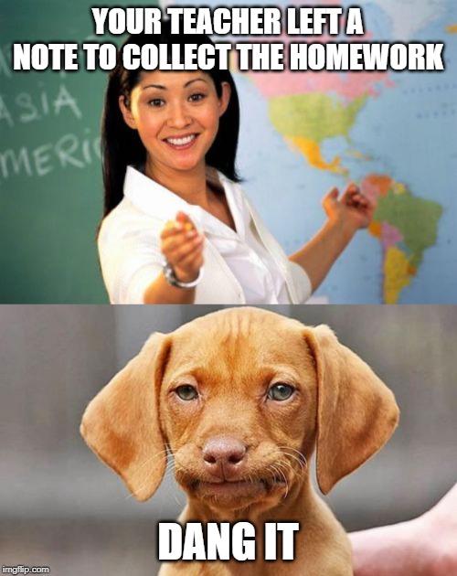 YOUR TEACHER LEFT A NOTE TO COLLECT THE HOMEWORK DANG IT | image tagged in memes,unhelpful high school teacher,dangit dog | made w/ Imgflip meme maker